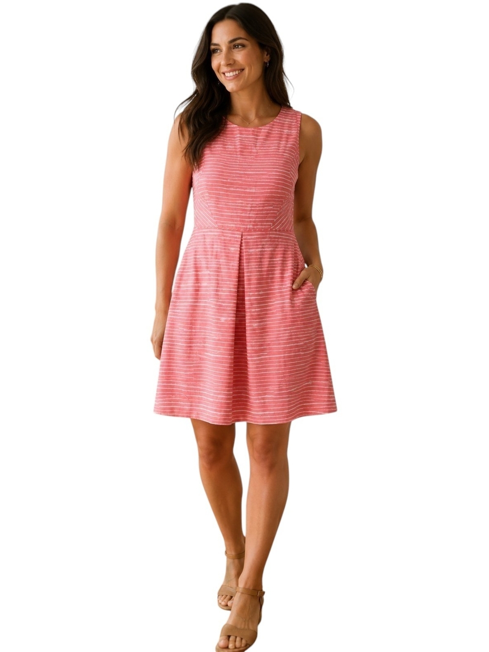 GAP Linen Blend Fit & Flare Dress Women's Size 12 Coral White Sleeveless